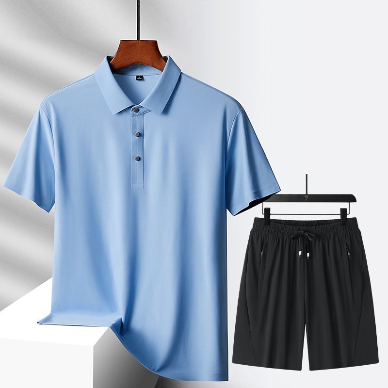 CT 2025 Novo Conjunto de Camiseta e Shorts Sem Costura de Seda Gelada para Homens, Cor Sólida, Polo Simples, Verão, Manga Curta Masculina_voghion.com