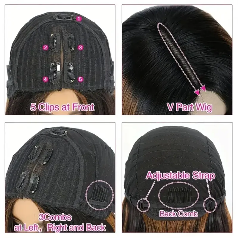 V Part Body Wave Wigs Clip In 180% Density Brazilian Remy Human Hair Natural Black Color_voghion.com
