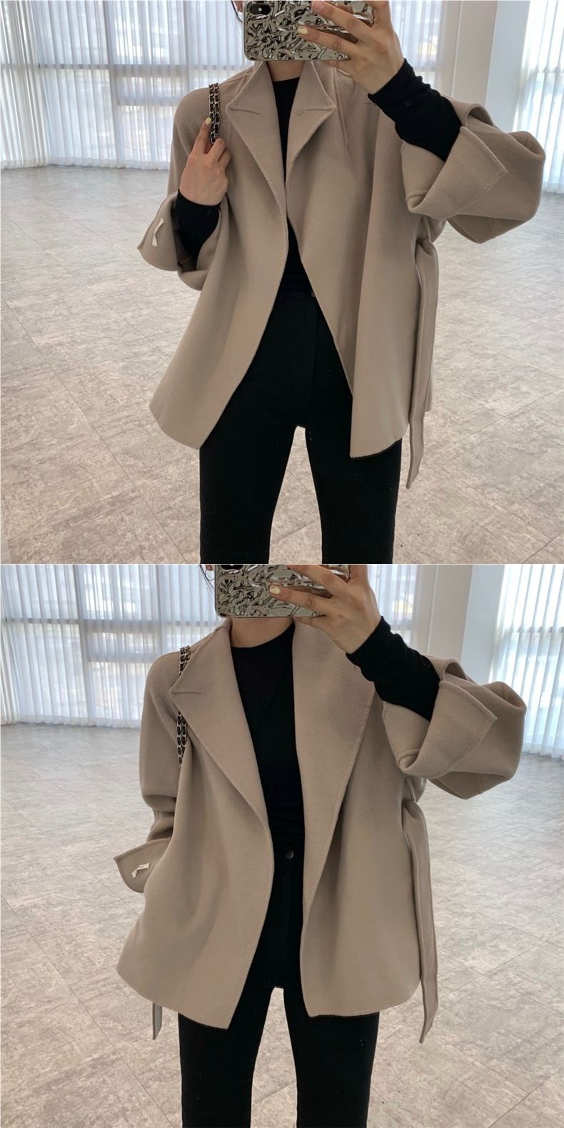 A-Line Wool Blend Coat – Short Peacoat With Stand Collar (Khaki & Grey) | Scandinavian Minimalist Outerwear_voghion.com