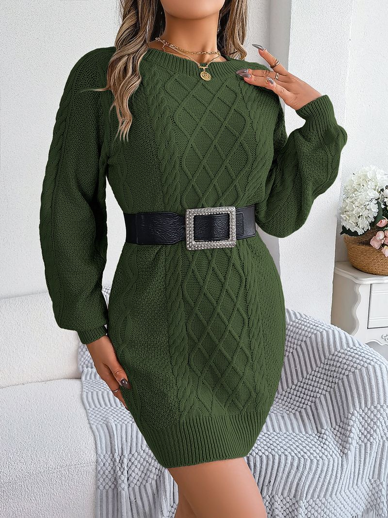 Abito in maglia a maniche lunghe con cintura in vita, tinta unita, autunno inverno 2025, moda donna_voghion.com