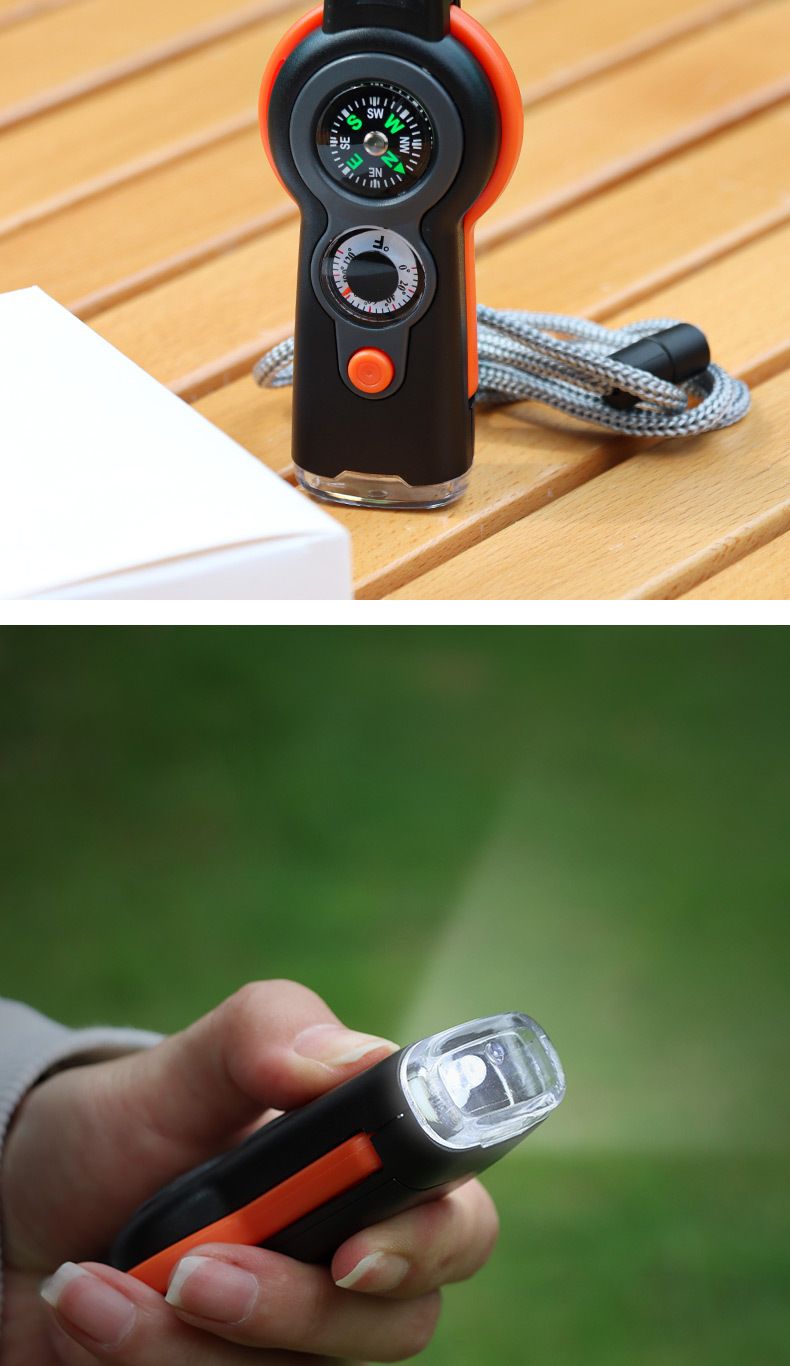 Nieuwe 7-in-1 multifunctionele overlevingsfluit voor buiten met LED-licht, thermometer en kompas_voghion.com