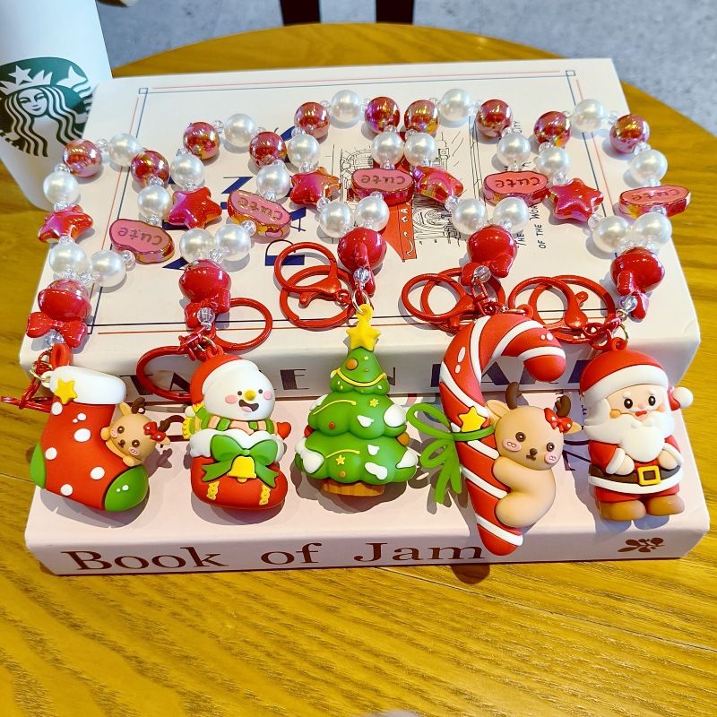 Nuovo portachiavi di Natale con ciondolo a forma di bambola, catena per telefono di Babbo Natale fai da te con ciondolo per borsa con perline fatto a mano_voghion.com