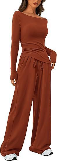 Trendy Asymmetrical Long Sleeve T-Shirt & Wide-Leg Pants Set - Fall Casual Outfit, Comfortable Polyester Blend, Multiple Colors & Sizes_voghion.com