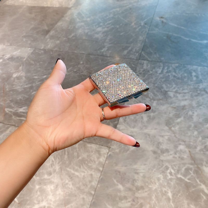 Folding Dual-Sided Handheld Makeup Mirror – HD Portable Compact Mirror With Diamond Accents, Non-Electric (PU/PS PVC Frame, Square Shape)_voghion.com