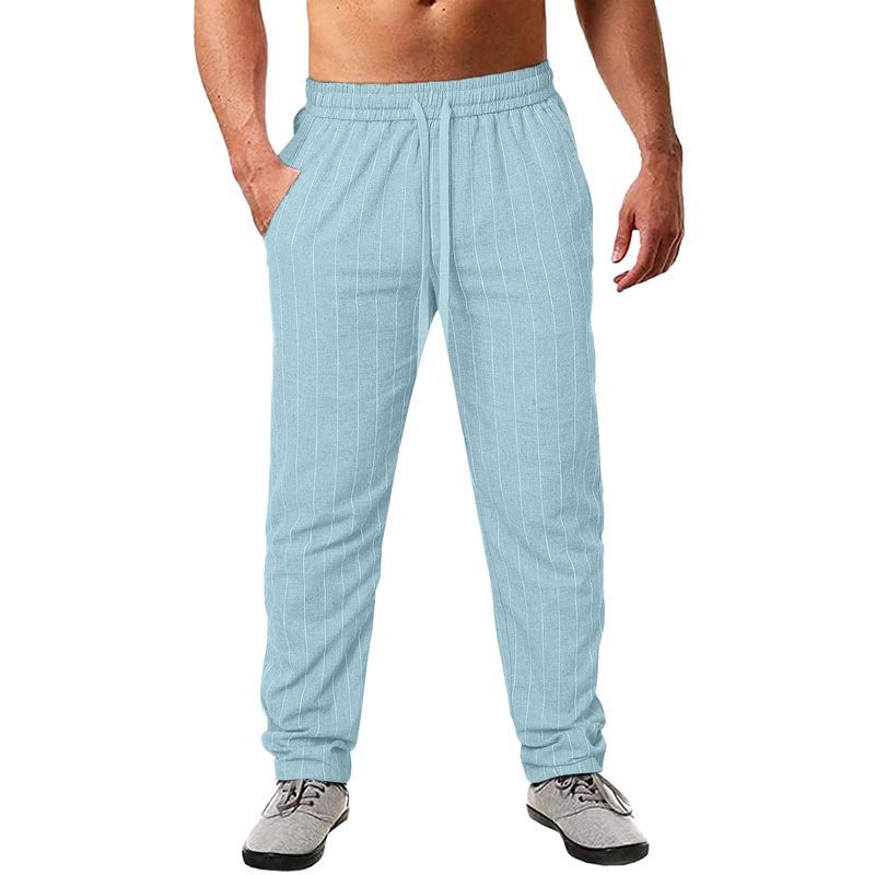 Abbigliamento da uomo, nuovi pantaloni da spiaggia casual in cotone e lino con coulisse elastica in vita, a righe, da uomo_voghion.com
