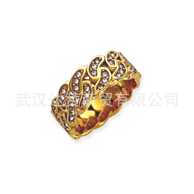Anello in acciaio al titanio con zircone a catena cubana placcata oro INS Wind_voghion.com