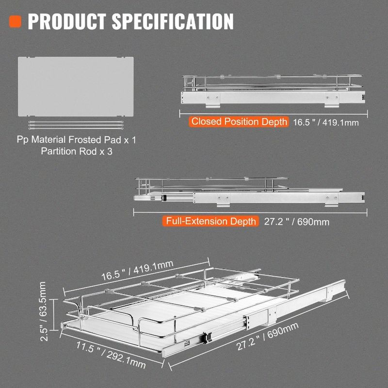 Slide Drawers Pull Drawer Out Duty Cabinet Organizer 17D Pantry Roll Heavy Steel St Out X Shelves Sliding Out 12W ChromePlated_voghion.com