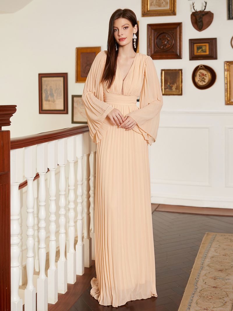 Robe de soirée longue élégante à col en V pour femme - Robe trapèze longue au sol avec volants, décolleté en V profond et manches longues pour banquet ou bal de fin d'année_voghion.com