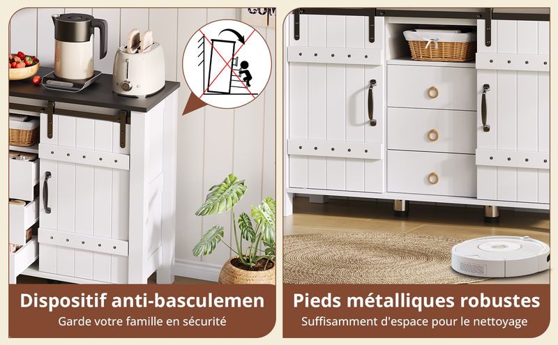 Buffetschrank Bianco 120cm Con Schiebetüren, 3 Schubladen, Rustikaler Holzstil_voghion.com