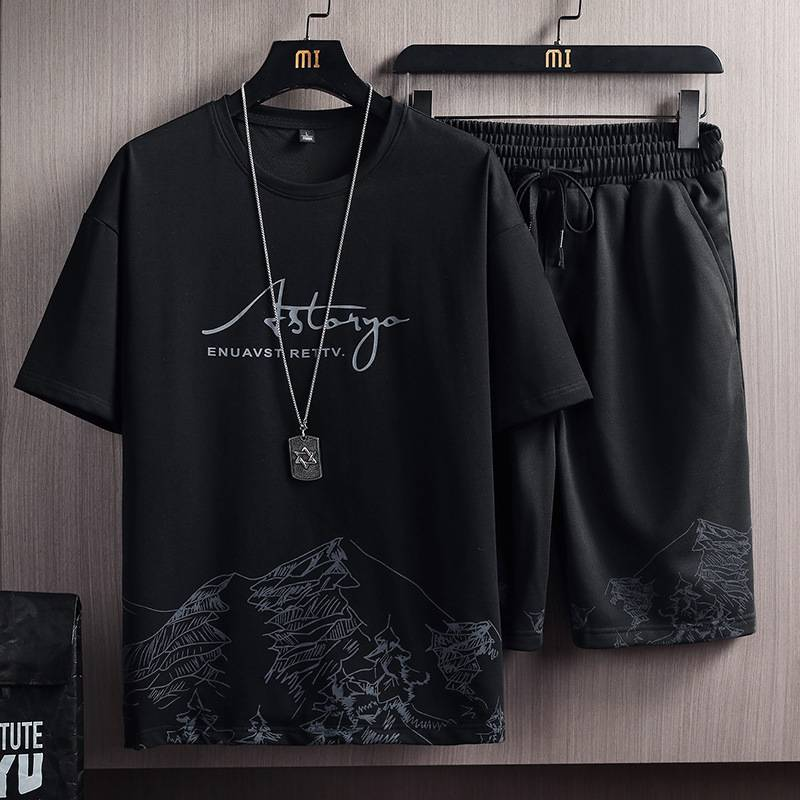 Men's Short-Sleeved T-Shirt Suit Snow Mountain Print Slim Fit Large Size Sports Two-Piece Set_voghion.com