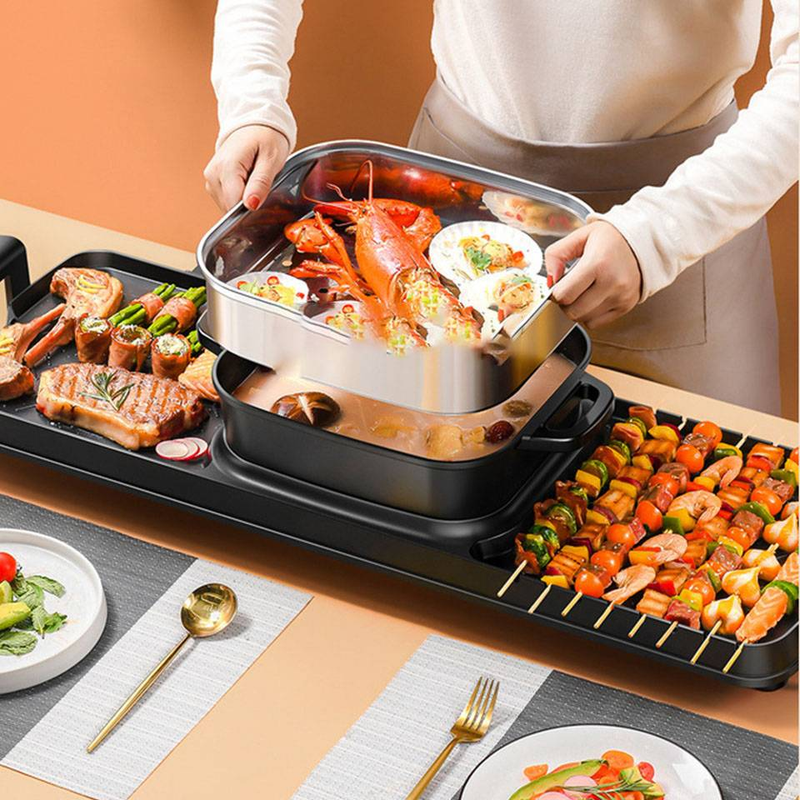 Household Smokeless Barbecue Hot Pot Machine Cooking Baking Plate Integrated Pot Grelhador Eletrico Griddle_voghion.com