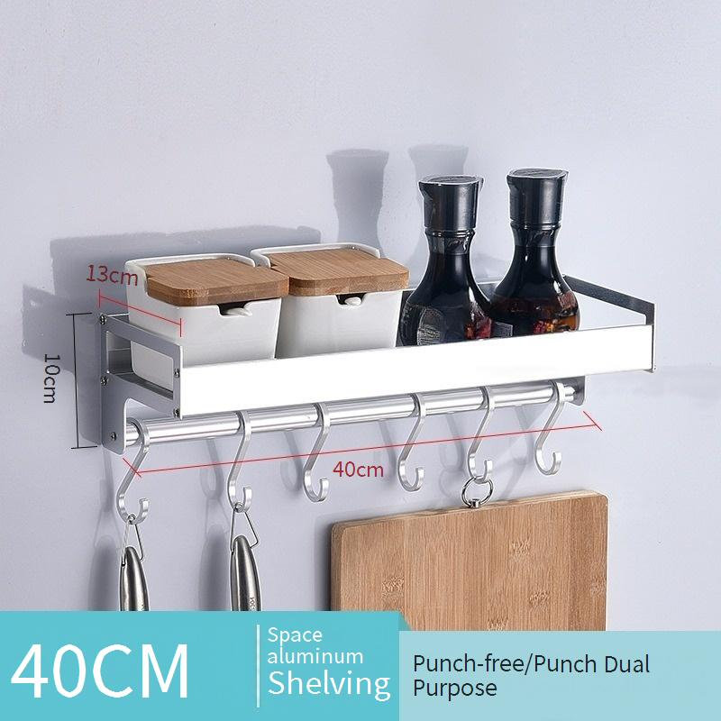 Prateleira de cozinha de alumínio Black Space, suporte de especiarias de parede, multifuncional, prateleira de armazenamento para banheiro, gancho sem perfuração_voghion.com
