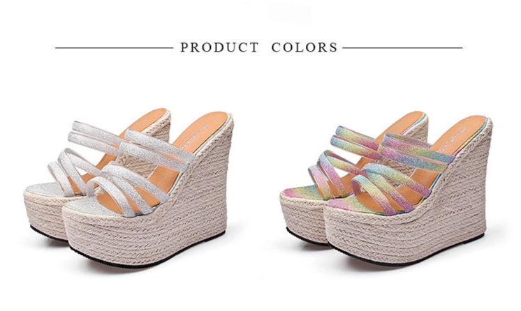 16CM Platform Sandals With CrissStraps & Jute Sole - Summer Wedge Shoes Comfortable Thick Sole Design, Available In Silver & Multicolor_voghion.com