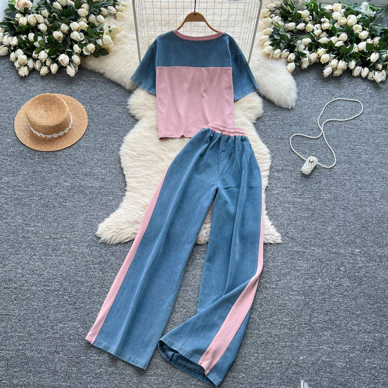 Retro sommerantrekk i Hong Kong-stil - Patchwork-topp med korte ermer og høylivede jeans med vide ben i to deler | Vintage Casual Chic_voghion.com