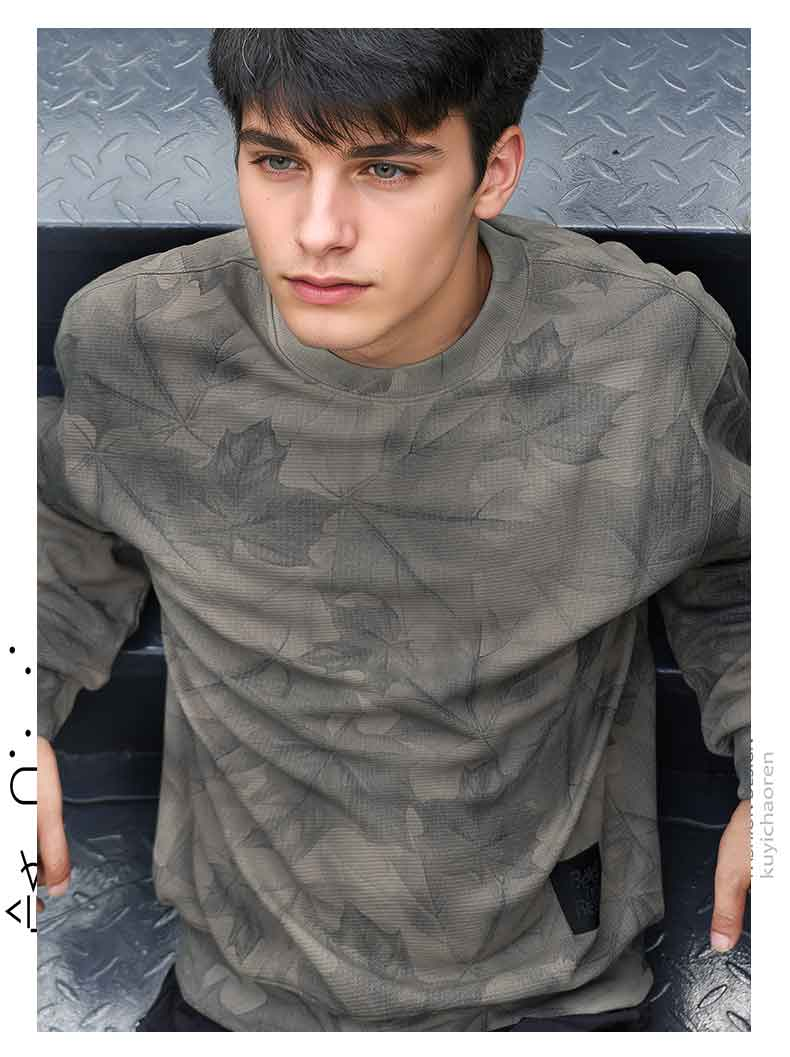 Herren Casual Leaf Print Textur Stoff Loose Fit Sweatshirt Frühling und Herbst Mode Herrenbekleidung_voghion.com