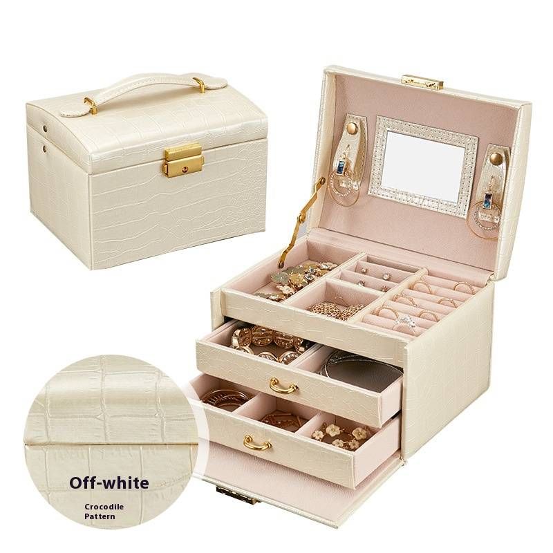 Coffret à bijoux verrouillable haut de gamme à 3 niveaux avec miroir – Organiseur de rangement en cuir synthétique pour boucles d'oreilles, bagues et colliers (17,5 x 14 x 13 cm)_voghion.com