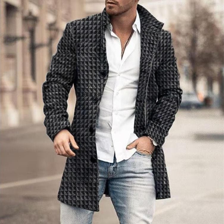 Veste longue décontractée à col rabattu pour homme, en laine imprimée CT 2025, collection automne-hiver_voghion.com