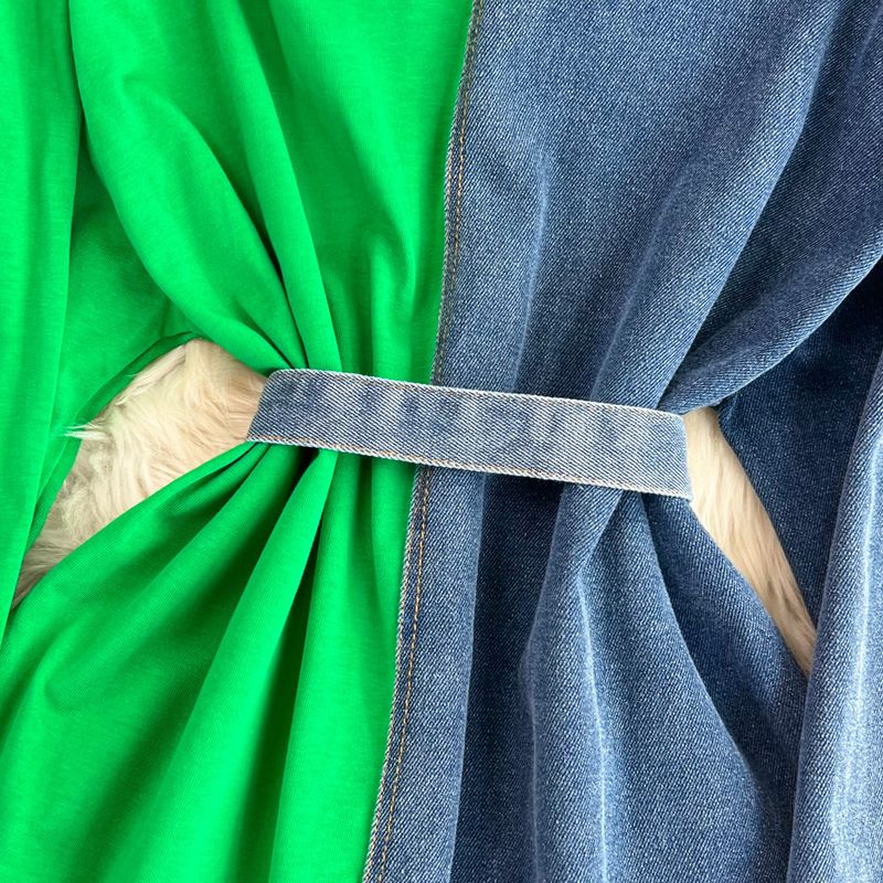 Abbigliamento da donna vita temperamento con cintura in tinta unita in denim abito casual di media lunghezza T_voghion.com