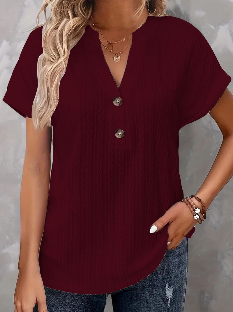 Lässige Kurzarm-T-Shirts mit V-Ausschnitt und Knopfleiste, modische, lockere Pullover-Sommerblusen, T-Shirt für Damen_voghion.com