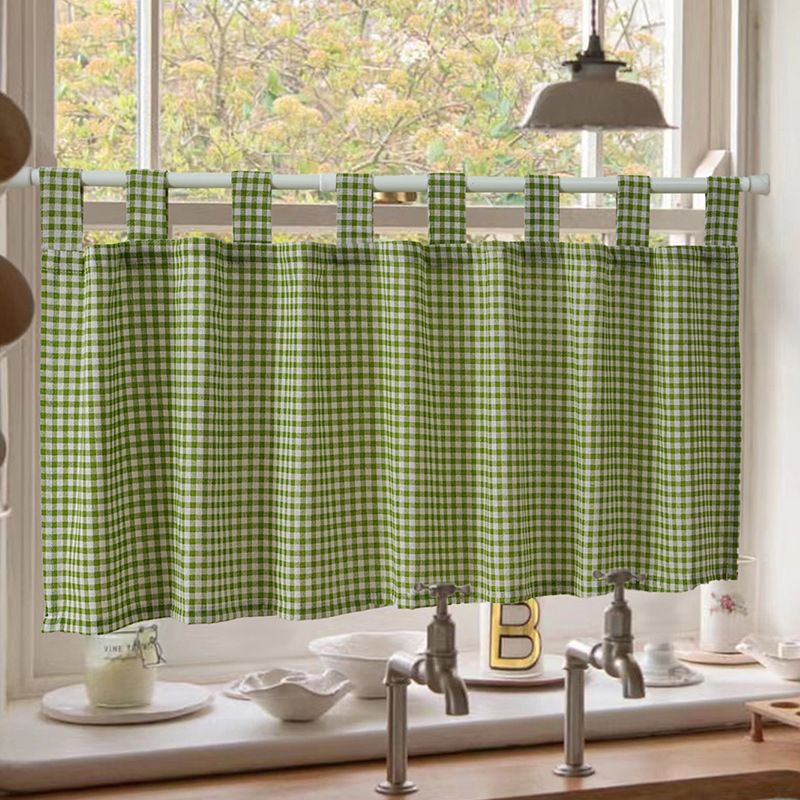 Cortinas xadrez boêmias para cozinha, quarto e cafeteria – Cortina de porta e janela de linho e algodão estilo Ins com borlas, xadrez vermelho/verde/preto_voghion.com