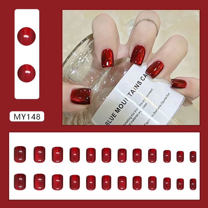 Unghie finte Red Fairy Berry Red Pure Color Cat's Eye Unghie corte quadrate rimovibili indossabili_voghion.com