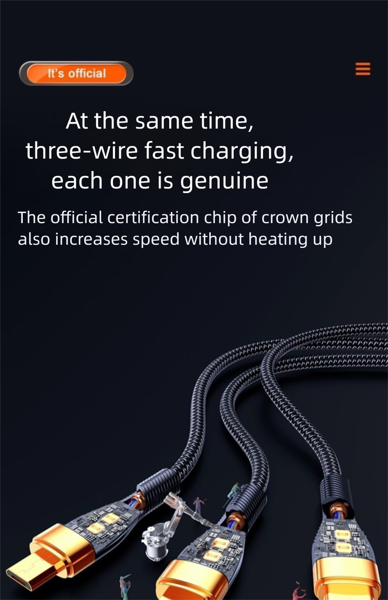 800W Super Fast One-to-Three Data Compatible Withiphone OPPO Huawei Vivo Xiaomi Three-in-One Charging Cable_voghion.com