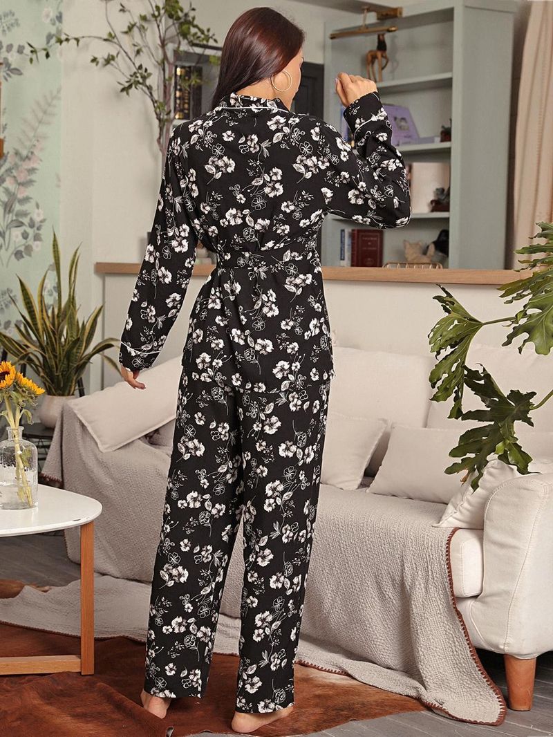 Homewear Herbst Winter Ärmel Krawatte Robe Lange Hosen Zweiteiliger Pyjama für Frauen_voghion.com