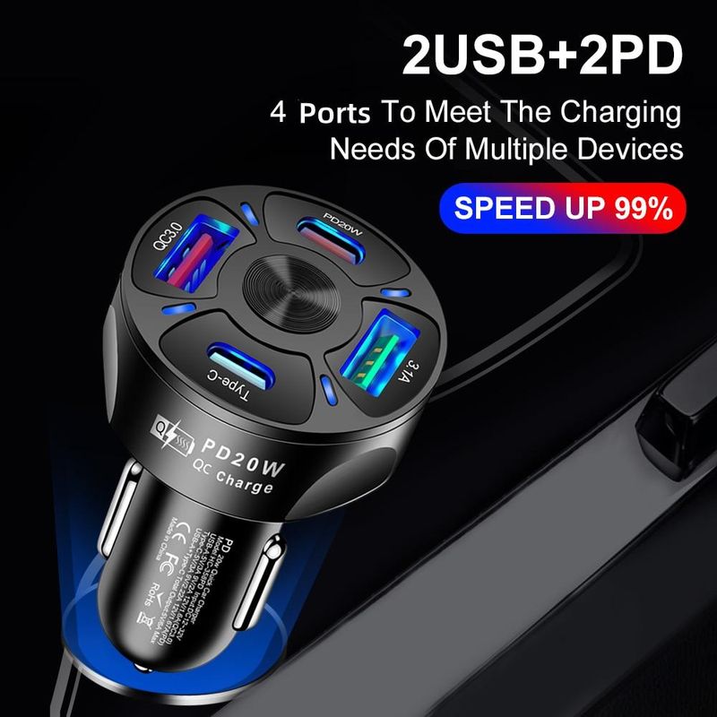 Apvalus dvigubas USB C tipo automobilinis įkroviklis greitam įkrovimui, USB C tipo greitasis įkroviklis PD QC3.0, skirtas „iPhone“, „Samsung“, „Xiaomi“ automobilinio telefono įkroviklio adapteriui HMM_voghion.com