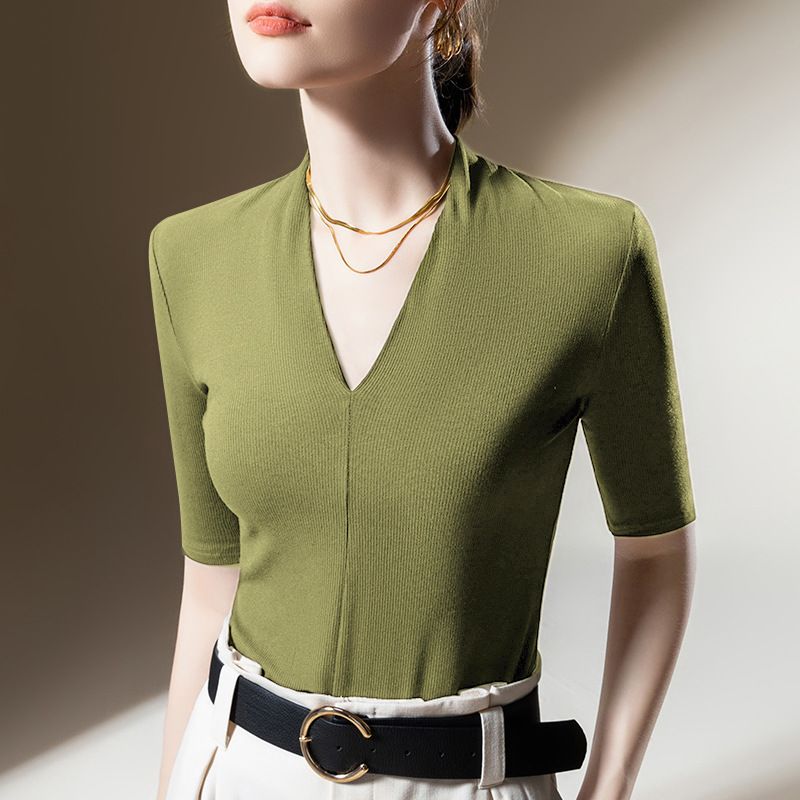 Maglietta da donna a maniche lunghe, a coste, tinta unita, stile europeo, elegante, con scollo a V profondo, modello 2025, con vita stretta_voghion.com