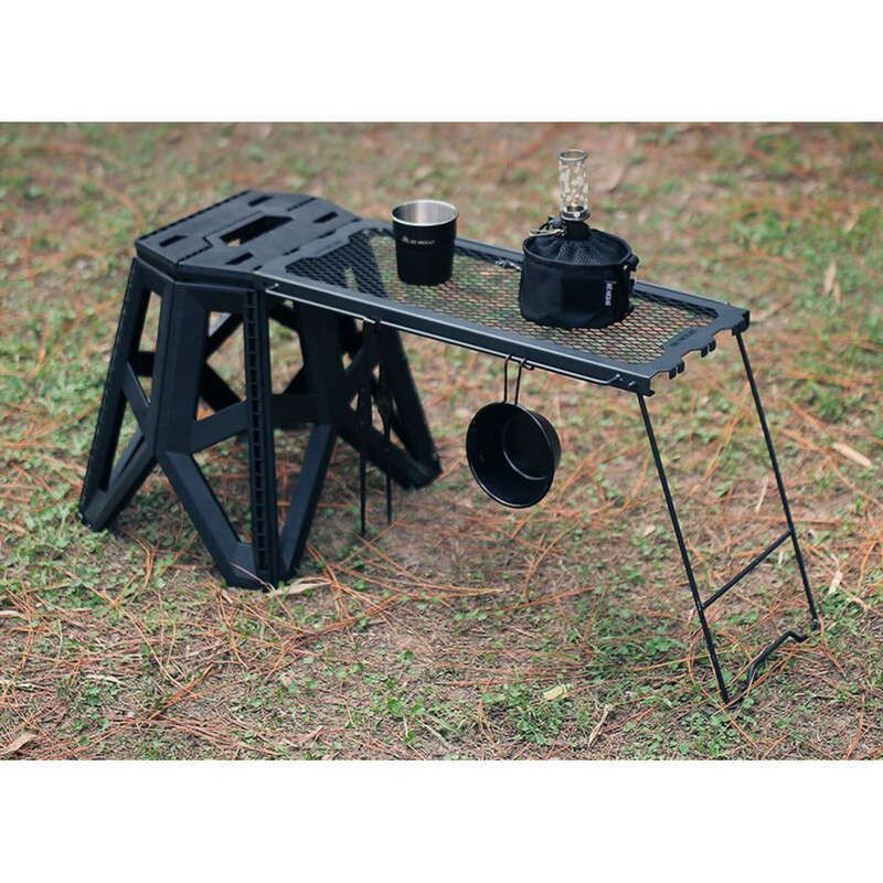 Conjunto de mesa e cadeira de acampamento portátil dobrável para áreas externas, prateleira lateral multifuncional, suprimentos para piquenique e churrasco_voghion.com