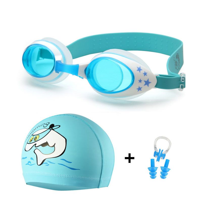 Ochelari de înot pentru copii, costum de înot în aer liber, cască de înot din pânză PU, cu clips pentru nas, dopuri de urechi, ochelari de înot anti-aburire impermeabili, set de trei piese_voghion.com
