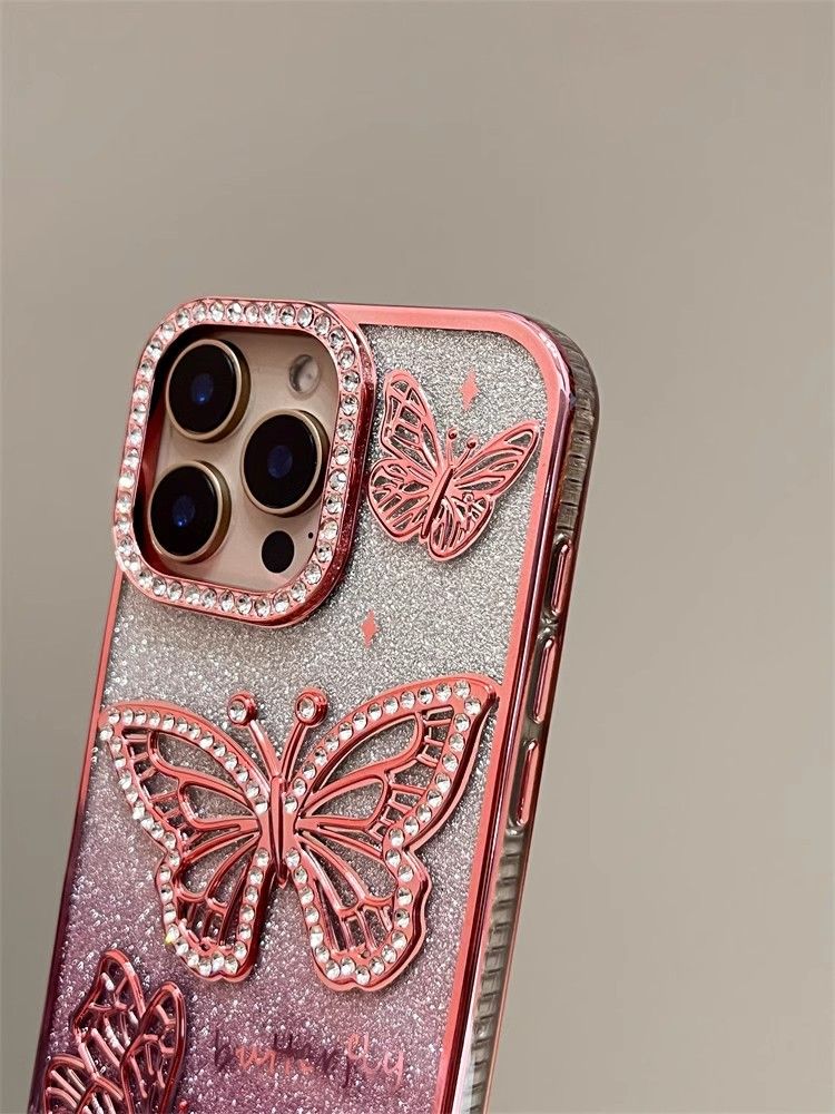 TechGlobe Gradient Glitter 3D Butterfly Case For 17 Pro Max IPhone 15 Diamond-Encrusted 14 Internet Celebrity_voghion.com