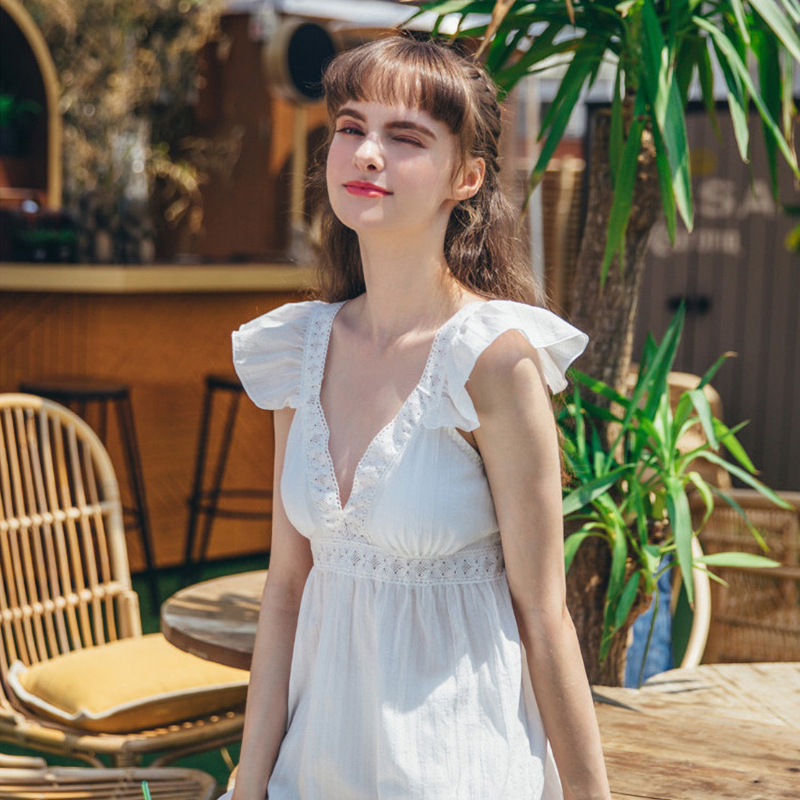 Elegant lace pajama dress with breast pad home dress cotton dress_voghion.com