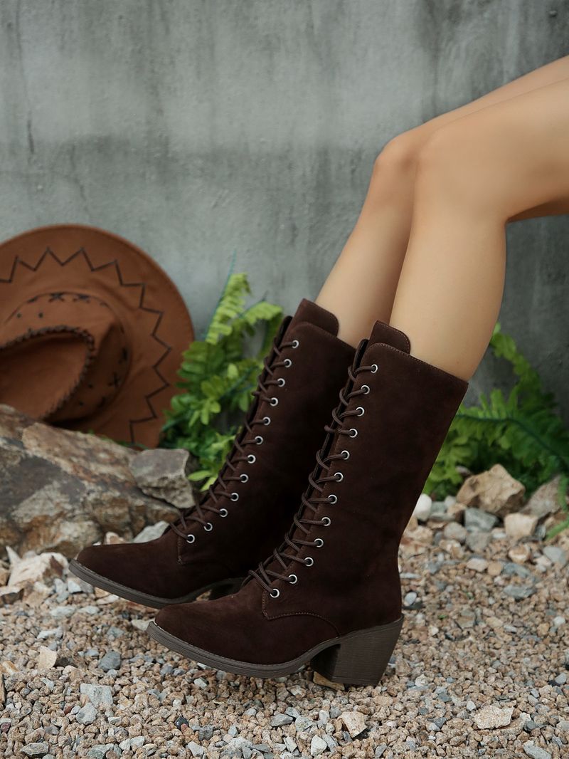 Cross-Border Chunky Heel High Tube Large Size 40-43 Suede Fashion Front Lace-Up Women's Boots_voghion.com