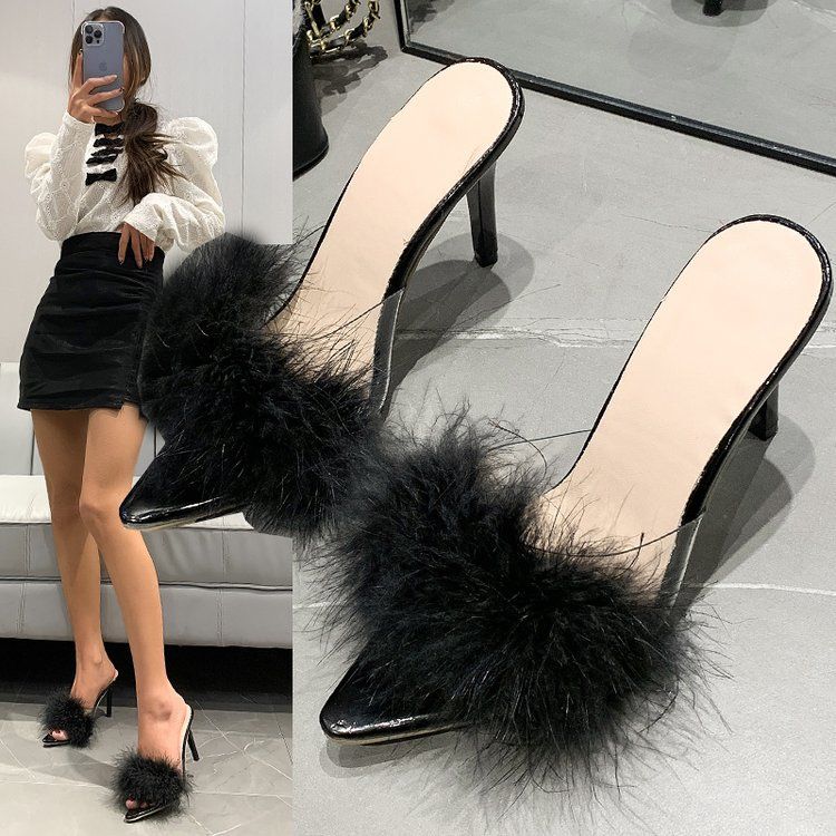 Factory Direct Sale 35-43 Large Size Women's Shoes 42 Cross-Border European And American Style Furry High Heel Slippers_voghion.com