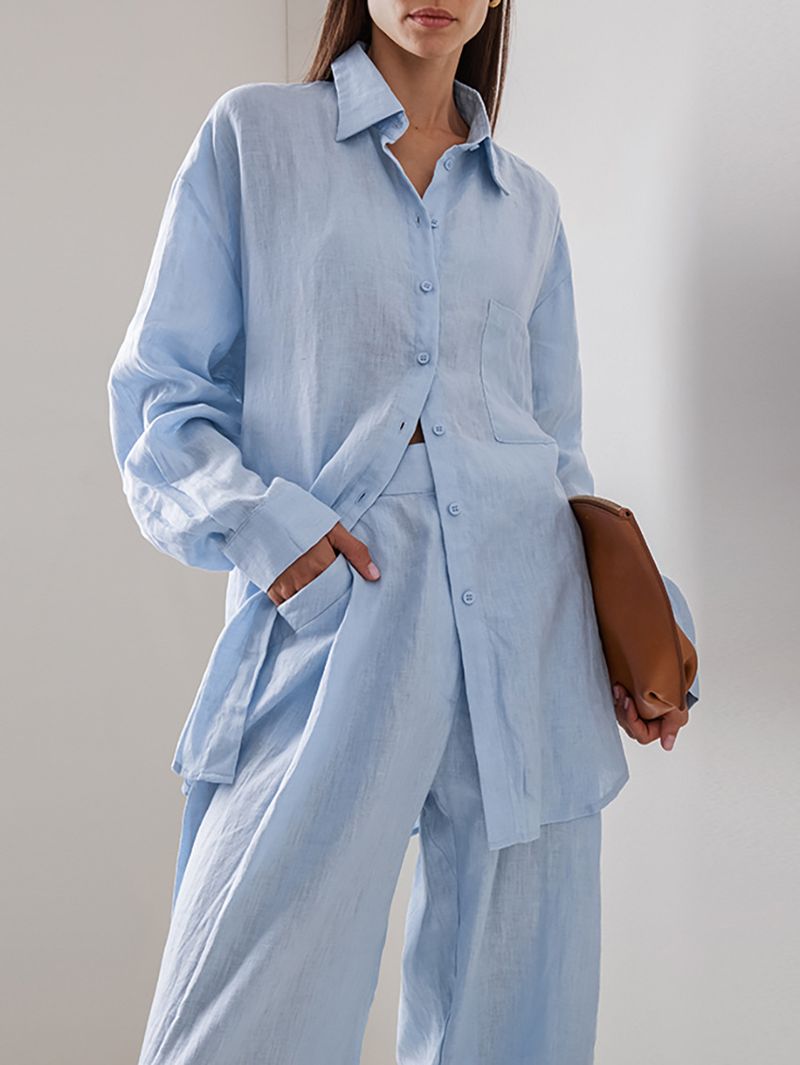 Abito per il tempo libero in puro cotone dal design alla moda da donna 2024 nuovo abito a due pezzi con pantaloni a camicia slim semplici_voghion.com