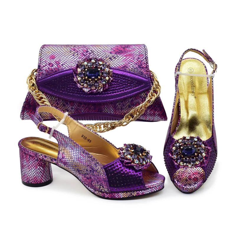 The party match high heeled diamond round toed fish mouth back slip buckle sandals with diamond handbag set is fashionable and versatile_voghion.com