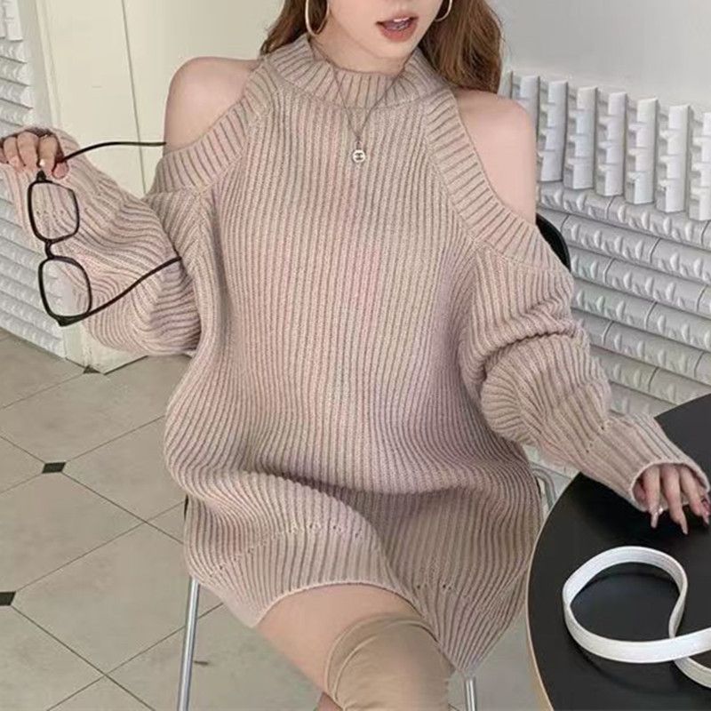 Off-the-shoulder Knitted Sweater Women's Commute Pure Desire Wind Thick Needle Hole Medium And Long Women's Sweater Top Tide_voghion.com
