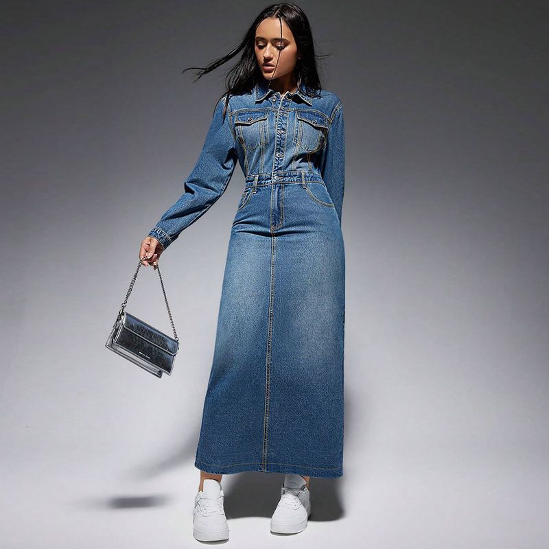 Abito lungo casual da donna in denim rilassato con bottoni sul davanti e spacchi laterali (S-2XL)_voghion.com