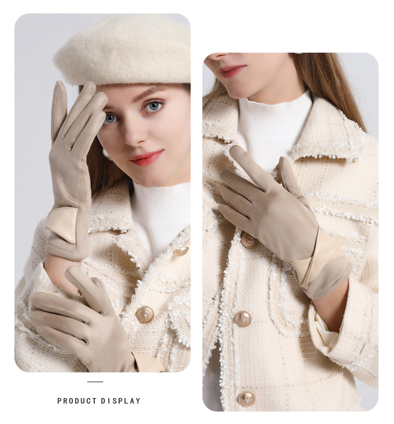 Guantes cálidos de lana de cuero Elegancia de las mujeres Pantalla táctil más guantes de lana arco Guantes de invierno para adelgazar en frío_voghion.com