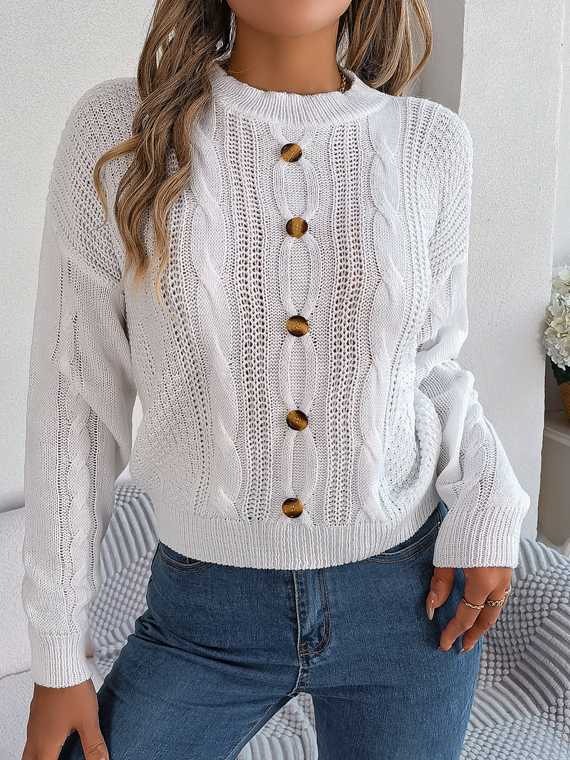 Cropped Sweaters for Women Crew Neck Crochet Knit Pullover Sweater Fall Trendy Button Long Sleeve Solid Color Jumper Tops_voghion.com