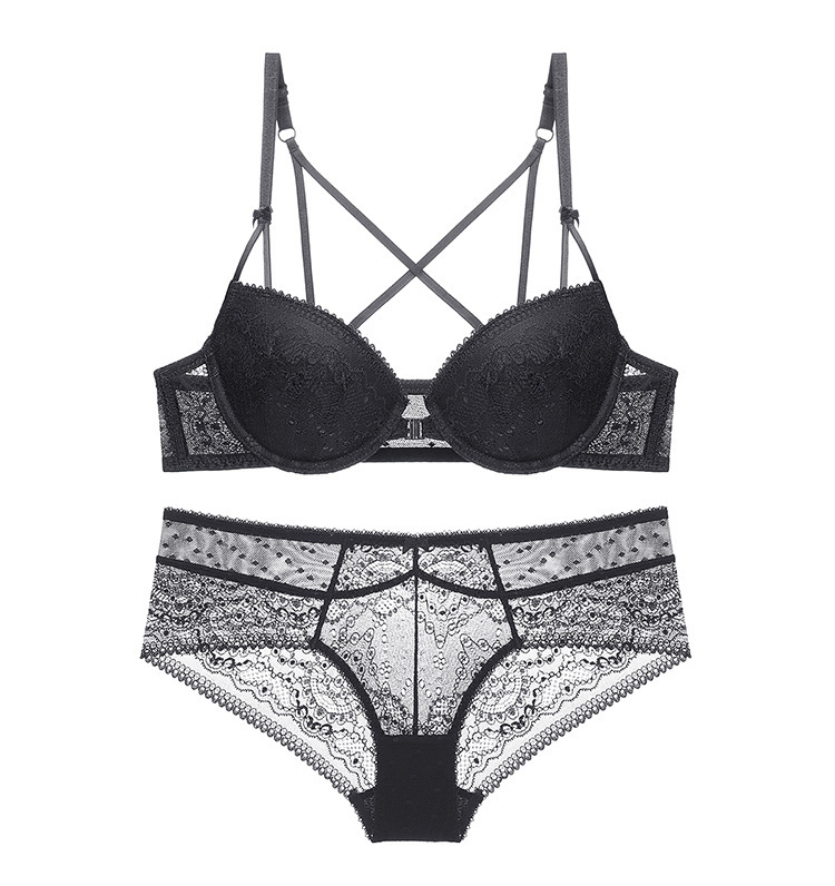 sexy front button bra upper thin lower thick bra set lace small chest slightly gathered beautiful back girl underwear_voghion.com