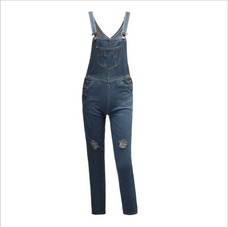 Dametøj vasket slim stretch frynsede denim overails jeans _voghion.com
