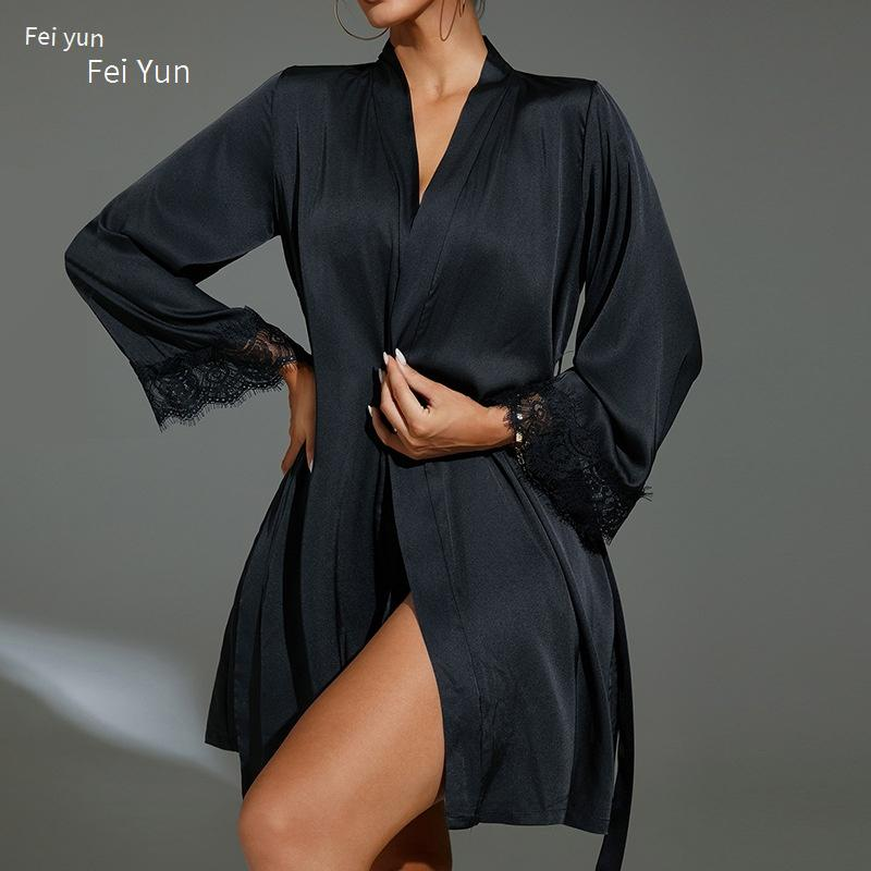 Peignoir de bain en soie pour homme, chemise de nuit, pyjama mi-long, maille à pois, épissure de soie glacée, vêtements de maison_voghion.com