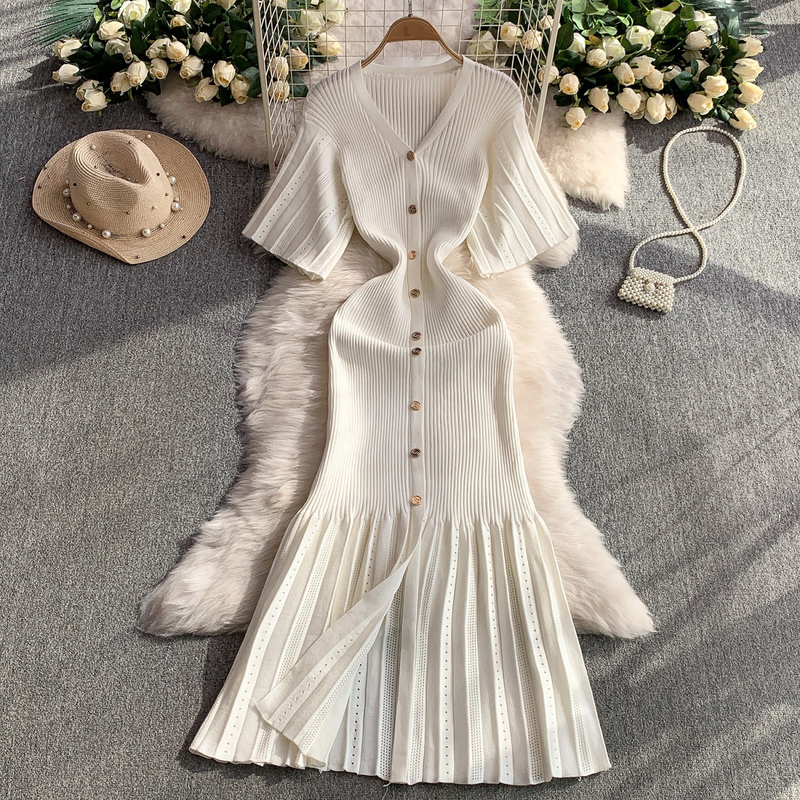 Women's Clothing Elegant V Neck Single Breasted Short Sleeved Dress Knitted Elastic Waist Hollow Fishtail Long Skirt_voghion.com
