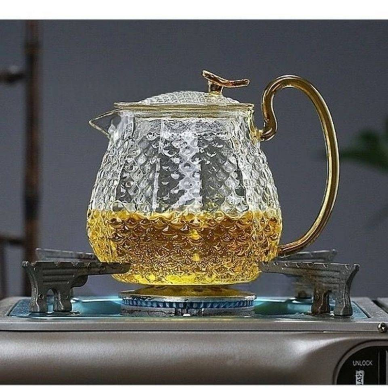 Gehamerd glazen theeservies - 800 ml theepot met roestvrijstalen filter en 4 kopjes (hittebestendig, perfect voor losse thee thuis en op kantoor)_voghion.com