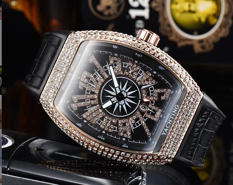 Ceas sport bărbătesc nou, casual, de afaceri, cu curea din PU de lux cu diamante încrustate_voghion.com