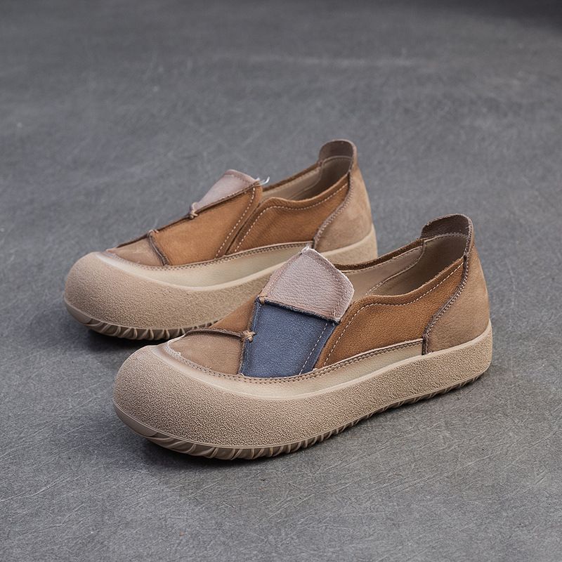 Shanghai Jiesu 2025 Frühling Neue Farbblock-Patch-Zehenschicht Rindsleder Bequeme Slip-On-Casual-Damenschuhe_voghion.com