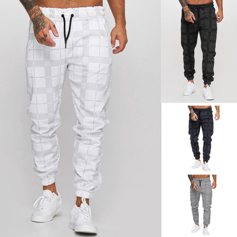 Square grid 3D digital printed pants, 2024 new Spring and autumn men's fitness casual leggings_voghion.com