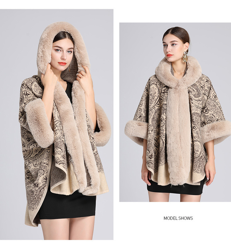 Cardigan in lana di grandi dimensioni con collo a scialle con cappuccio jacquard in pelliccia di coniglio rex di nuovo stile per donna_voghion.com